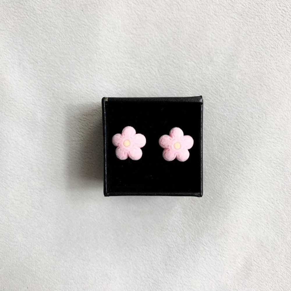 Fuzzy Pink Flower Stud Earrings